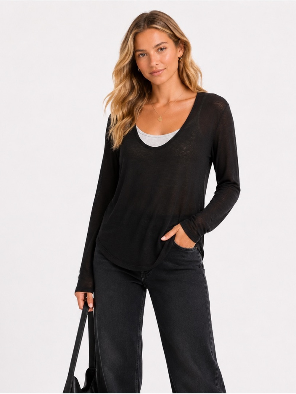 Vince Black Long Sleeve Scoop Neck Semi Sheer Knit Top Women's Size XS
